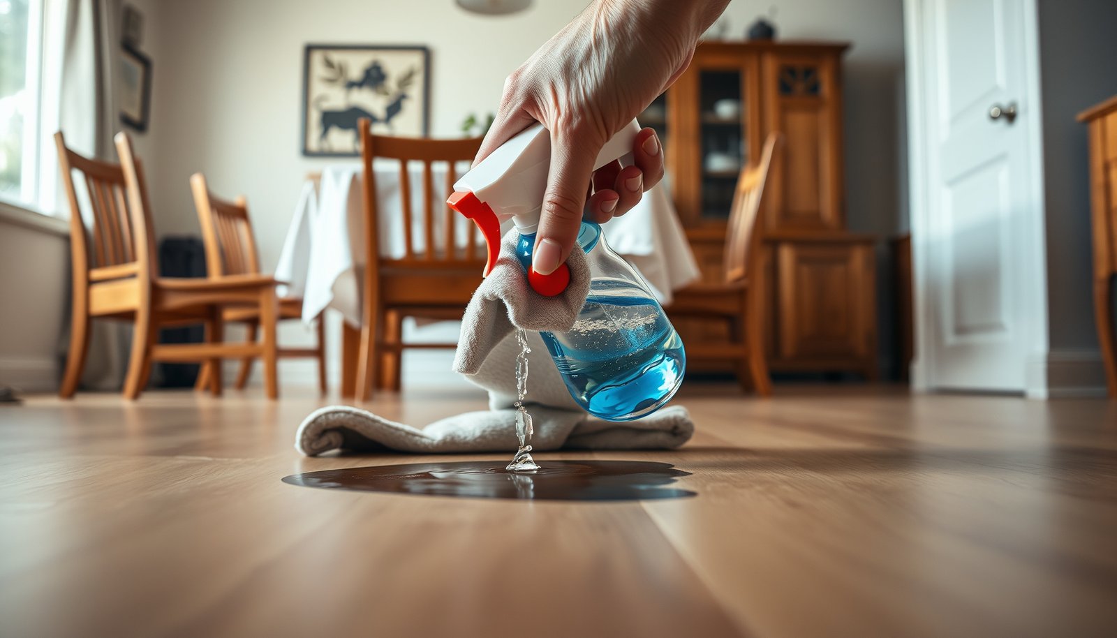 Step-by-step guide on how to remove stains from vinyl floors in a dining room setting.
