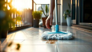 A person cleaning stains from vinyl floors on a balcony using a cloth and cleaning solution.