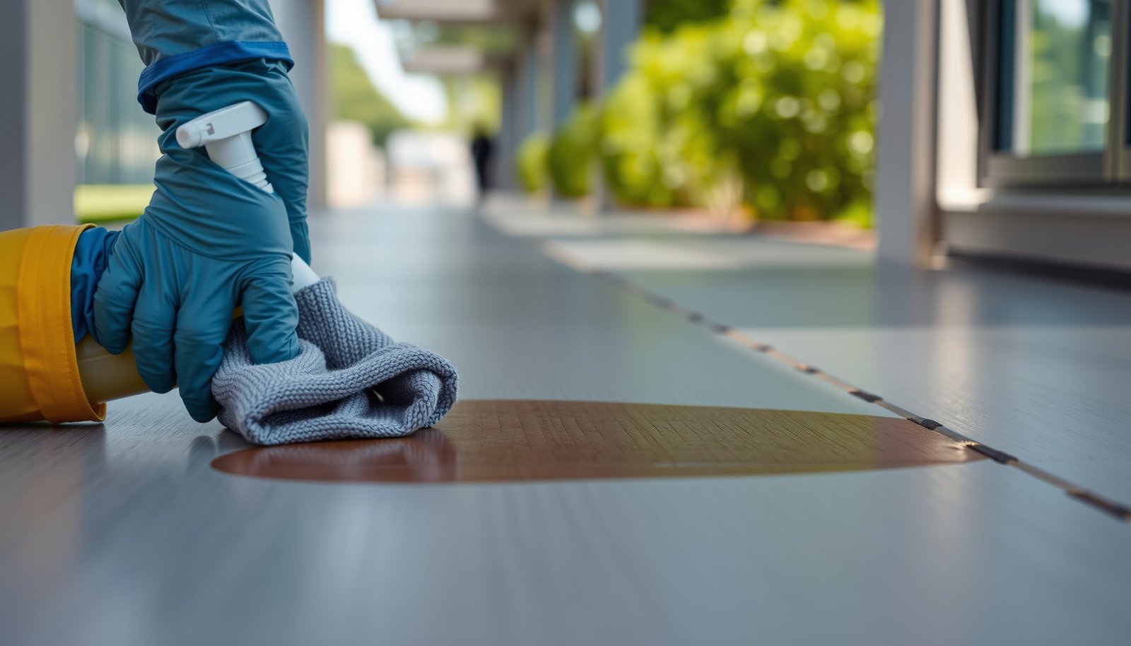 Step-by-step guide on removing stains from vinyl floors on an outdoor walkway.