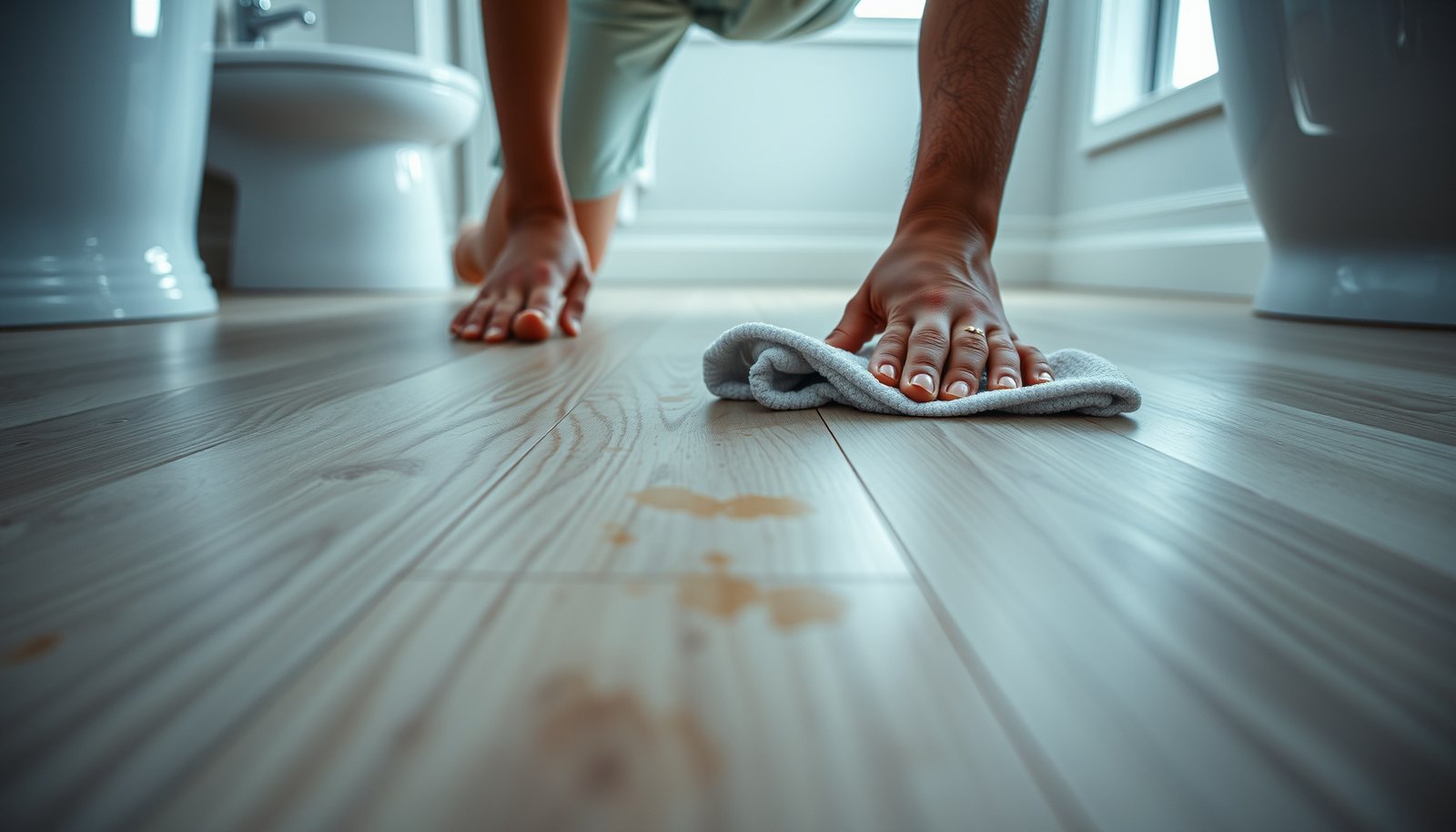 A person cleaning stains from vinyl bathroom floors with a cloth and cleaner, demonstrating effective stain removal technique