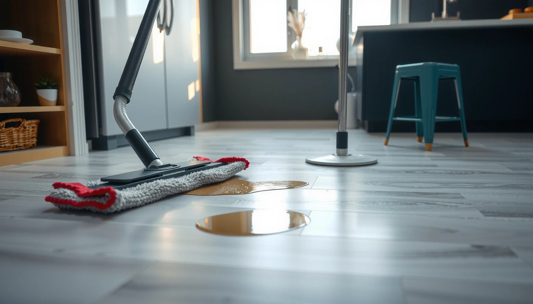 A guide on effective methods to remove stains from vinyl floors, featuring cleaning tools and techniques.