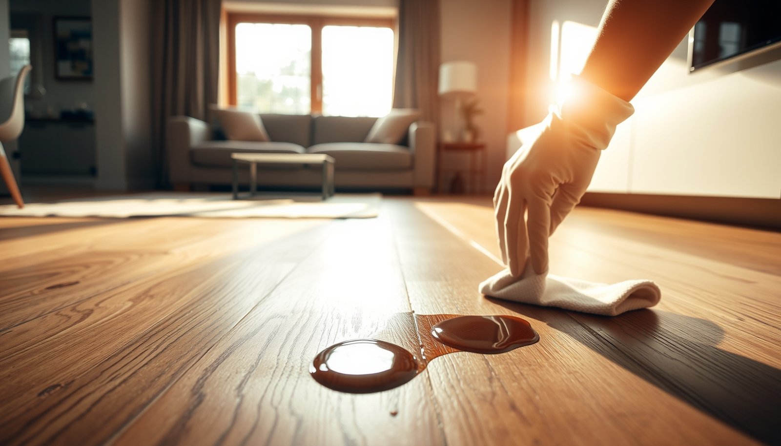 A person cleaning stains from engineered wood floors in a living room with cleaning supplies.