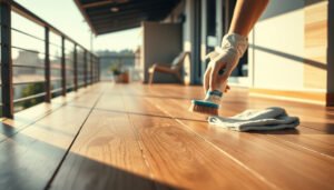A person cleaning stains from engineered wood floors on a balcony with a cloth and cleaner.
