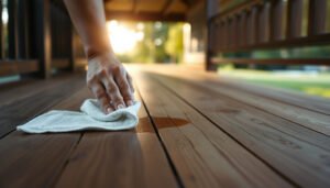Step-by-step guide on removing stains from engineered wood floors on a porch.