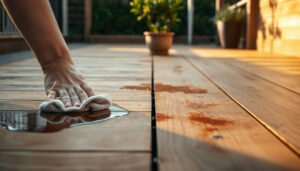Steps for removing stains from engineered wood floors on outdoor walkways.