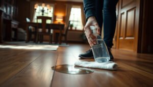 A dining room with engineered wood floors being cleaned to remove stains effectively.