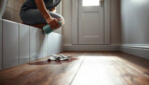 Step-by-step guide on removing stains from engineered wood floors in a bathroom.