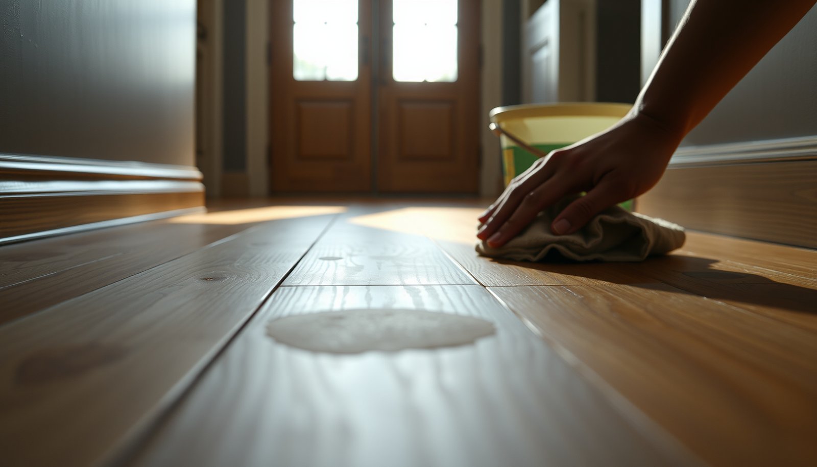 Step-by-step guide on removing stains from engineered wood floors in an entryway.