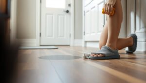 A person cleaning stains from engineered wood floors in a mudroom with a cloth and cleaning solution.