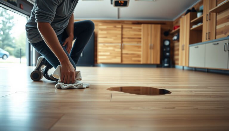 Step-by-step guide to remove stains from engineered wood floors in a garage setting.