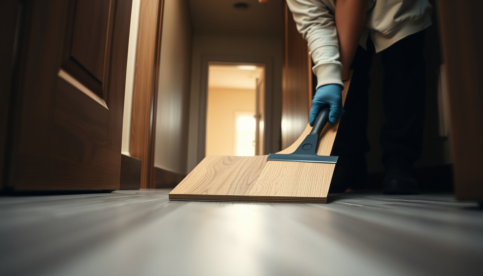 Step-by-step guide on removing vinyl floors from a closet, showcasing tools and techniques.
