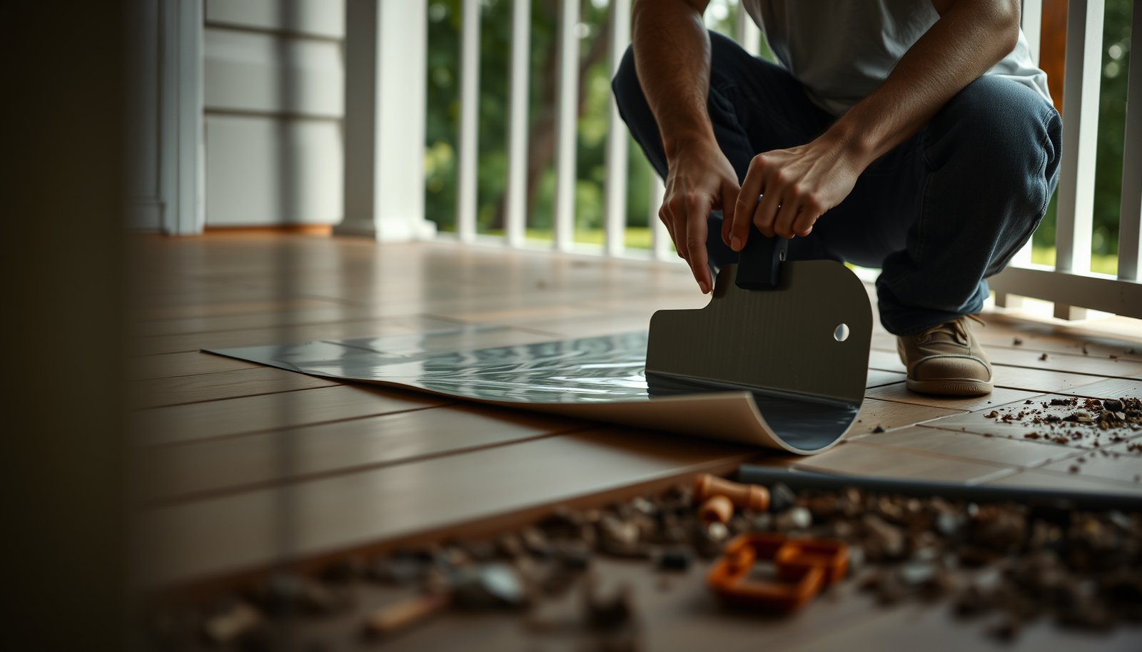 Step-by-step guide to removing vinyl floors from a porch, showcasing tools and techniques used.
