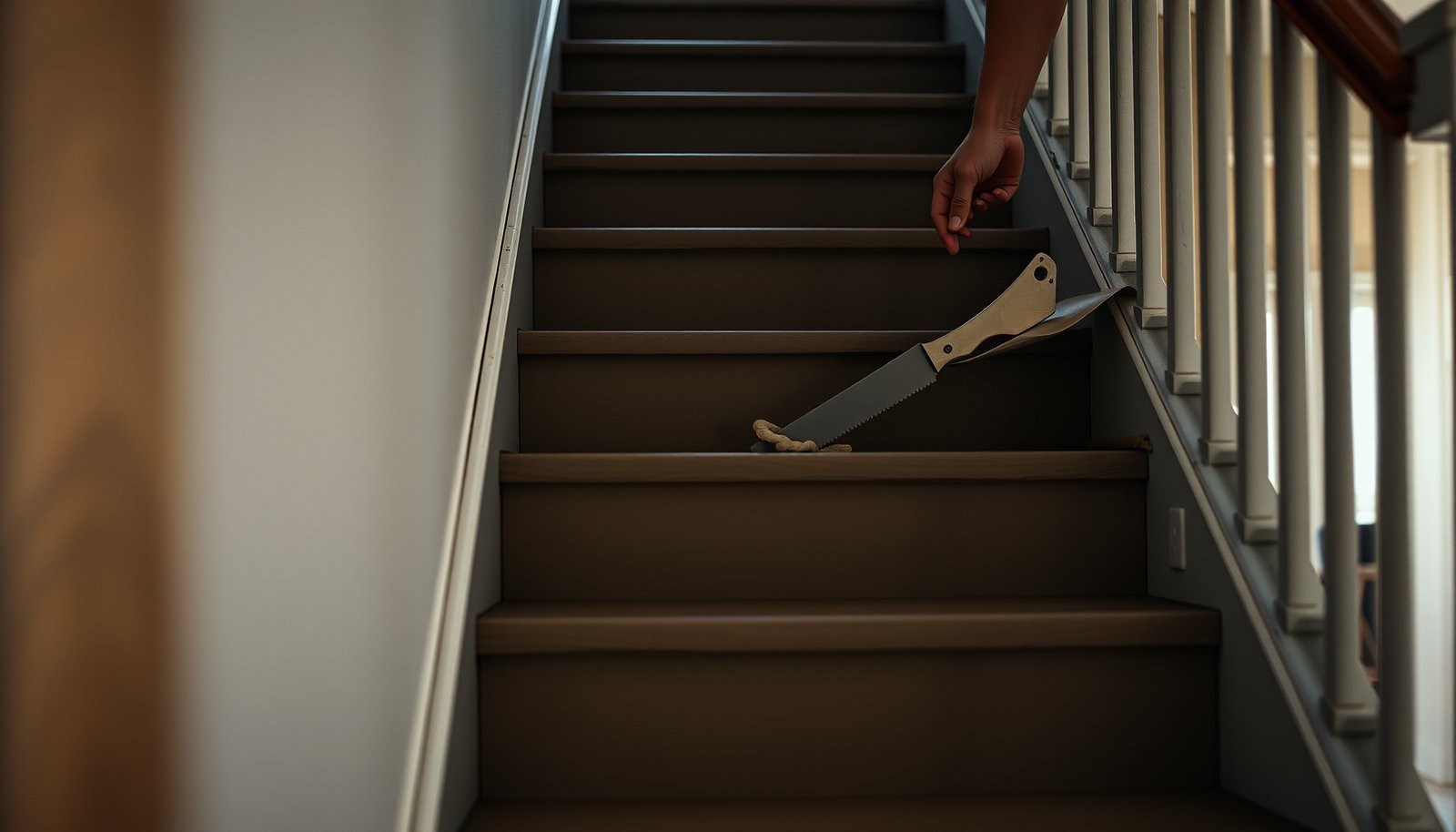 A step-by-step guide on removing vinyl floors from a staircase, showing tools and techniques.