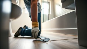 Step-by-step guide on how to remove vinyl floors in a bathroom with tools and techniques.
