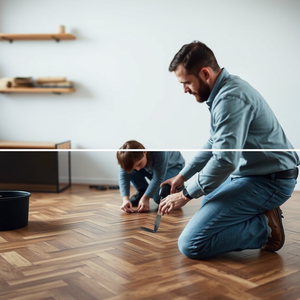 Step 4 of herringbone floor repair showing how to fix deeper scratches or exposed wood.