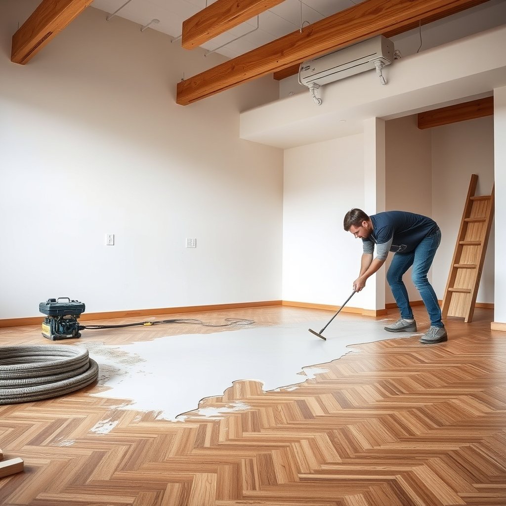 Image showing the process of repairing gaps, scratches, and damaged boards in parquet floors.