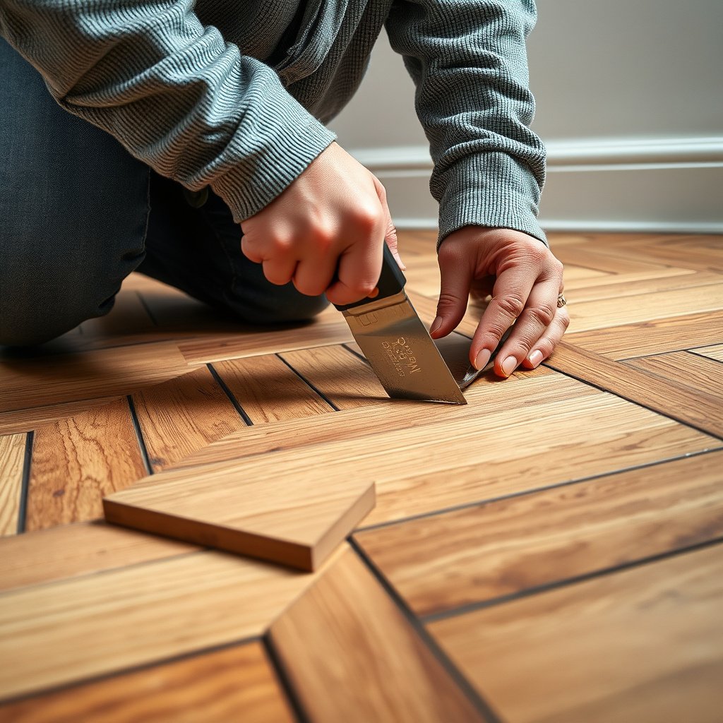 Close-up of a person repairing loose herringbone floorboards with tools and adhesive.