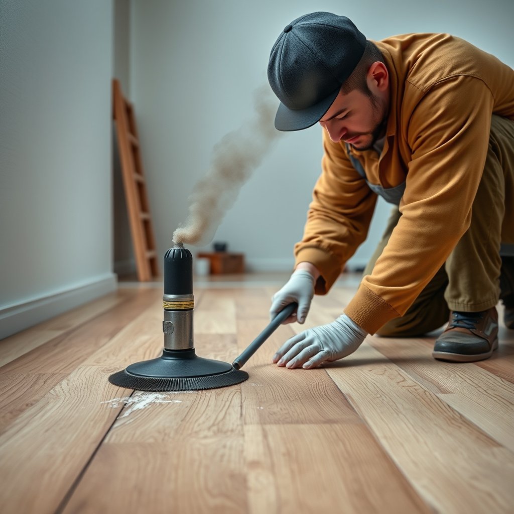 Image showing the process of repairing loose parquet boards by re-gluing or replacing them.