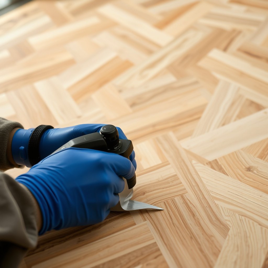 Image showing a chevron floor with peeling finish, illustrating steps to fix the issue.