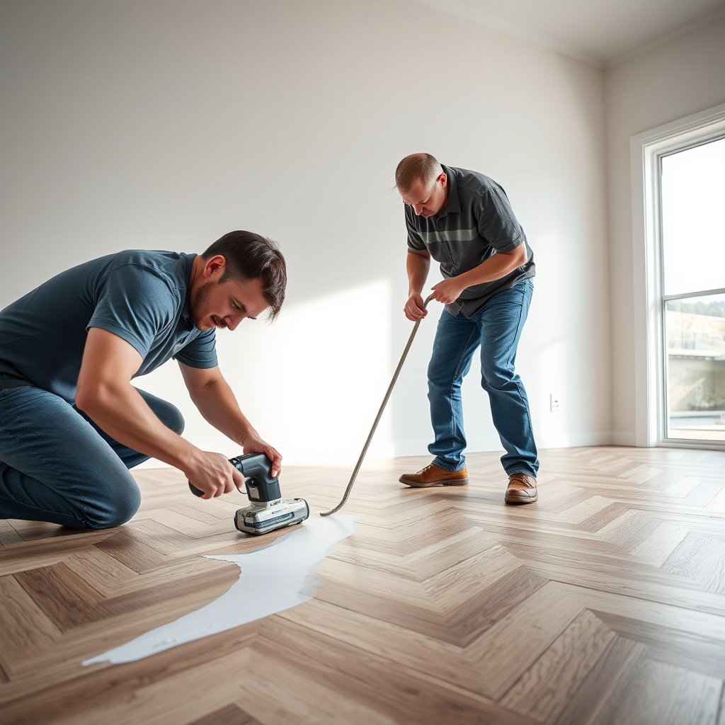 Close-up of repairing peeling veneer on chevron flooring with tools and materials.