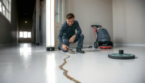 Step-by-step guide on repairing polished concrete floors with tools and techniques.