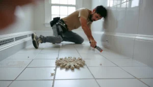 Step-by-step guide on fixing cracks in bathroom floors with tools and materials.