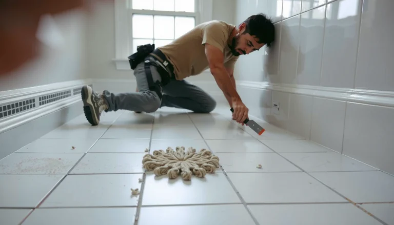 Step-by-step guide on fixing cracks in bathroom floors with tools and materials.