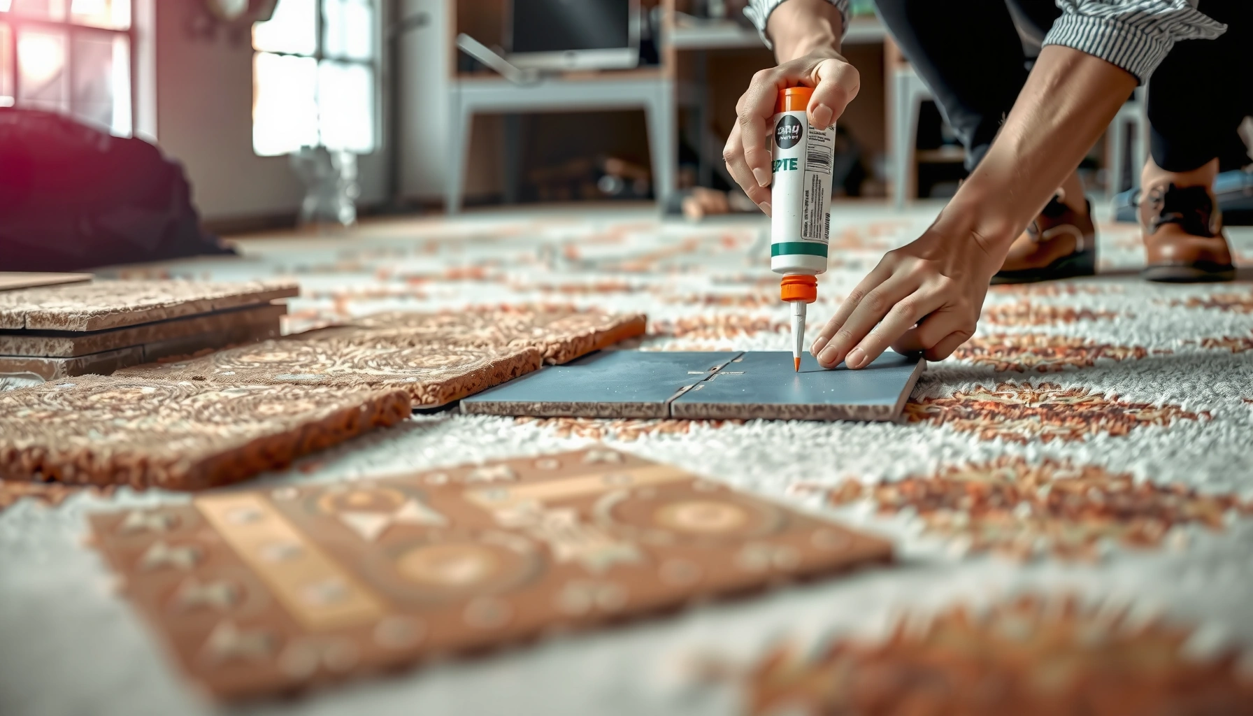 A person repairing damaged carpet tiles using adhesive and tools for quick fixes.