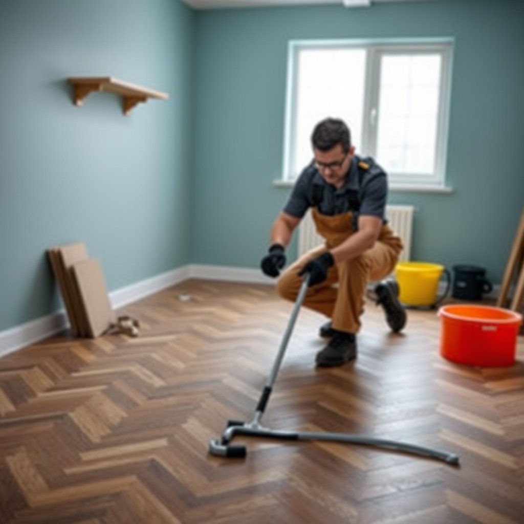 Image showing the process of repairing or replacing damaged chevron floor boards and fastener points.