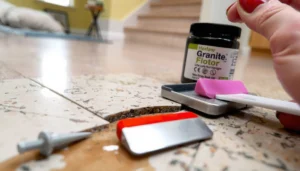 Step-by-step guide on fixing cracks in granite floors with tools and materials.