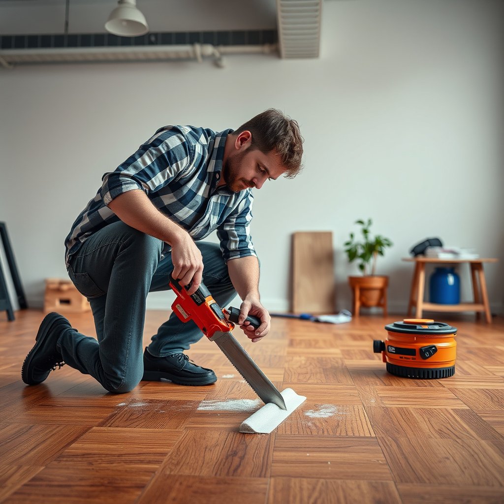 A close-up of a person repairing deep scratches on parquet flooring with wood filler and tools.