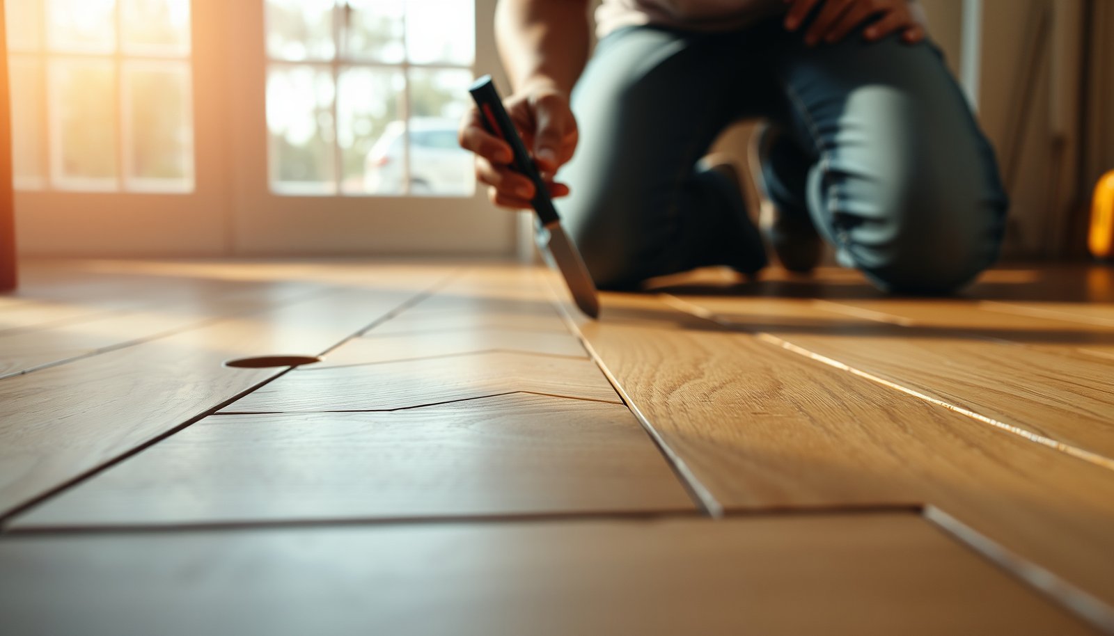A person fixing dents in a herringbone wood floor using tools and materials.