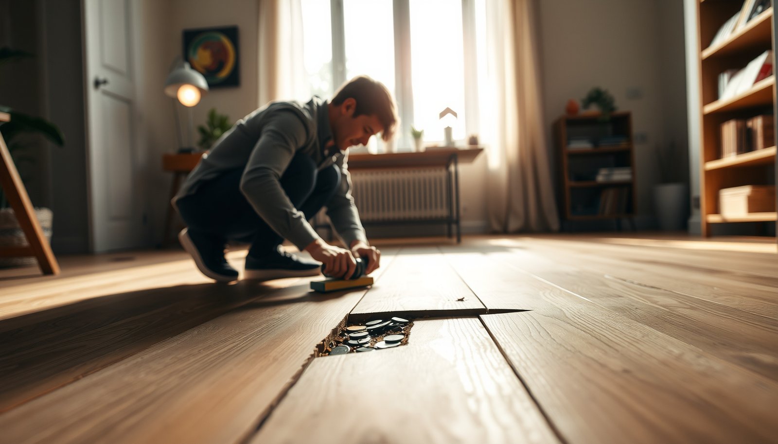 Step-by-step guide to repairing engineered wood floors in a home office setting.