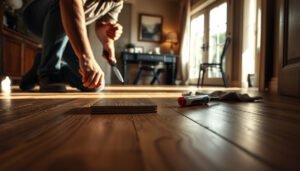 Step-by-step guide on how to repair engineered wood floors in a dining room.