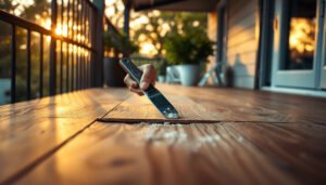 Step-by-step guide on repairing engineered wood floors on a balcony with tools and materials.