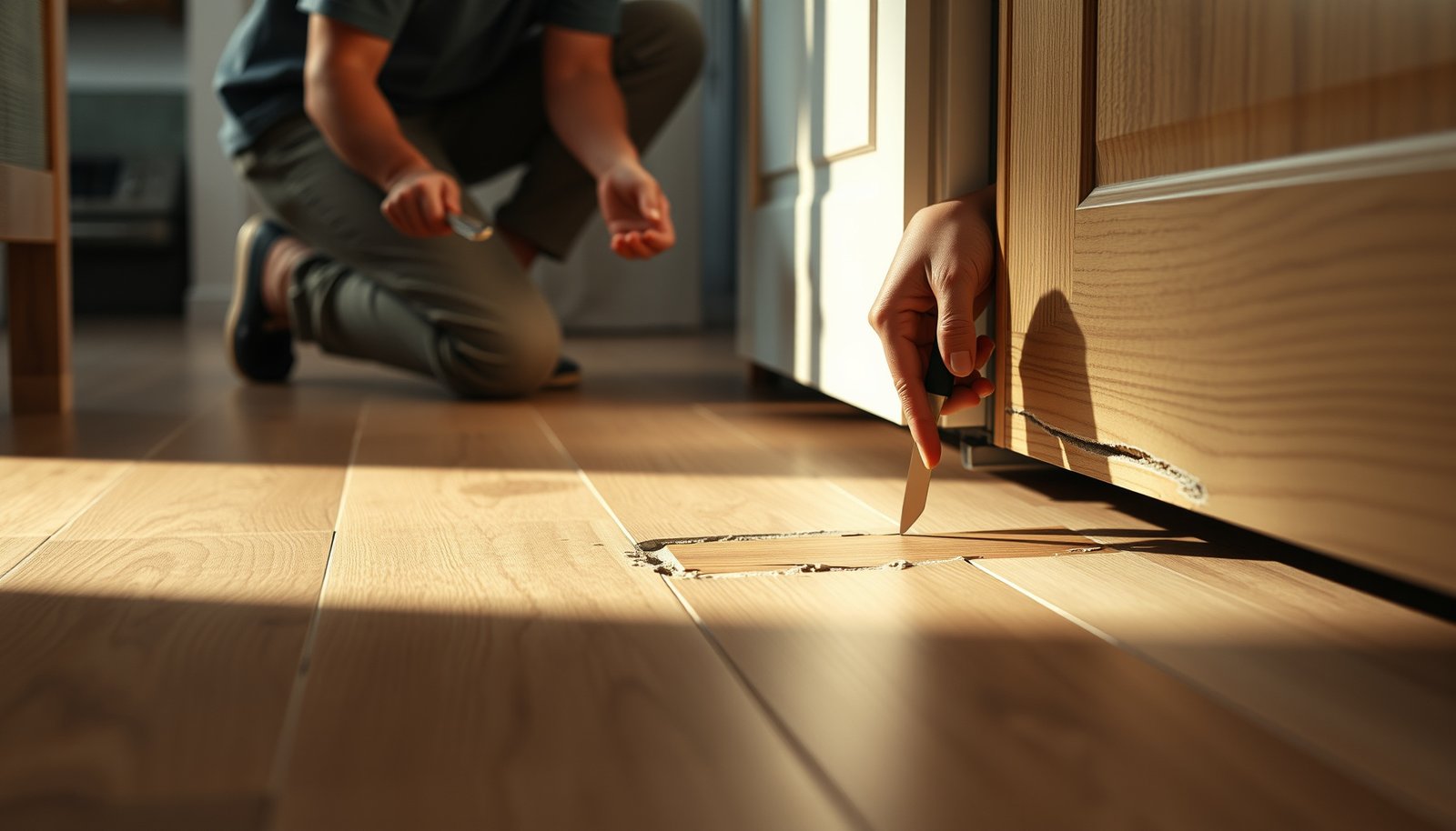 A person repairing damaged engineered wood floors in a kitchen with tools and materials.
