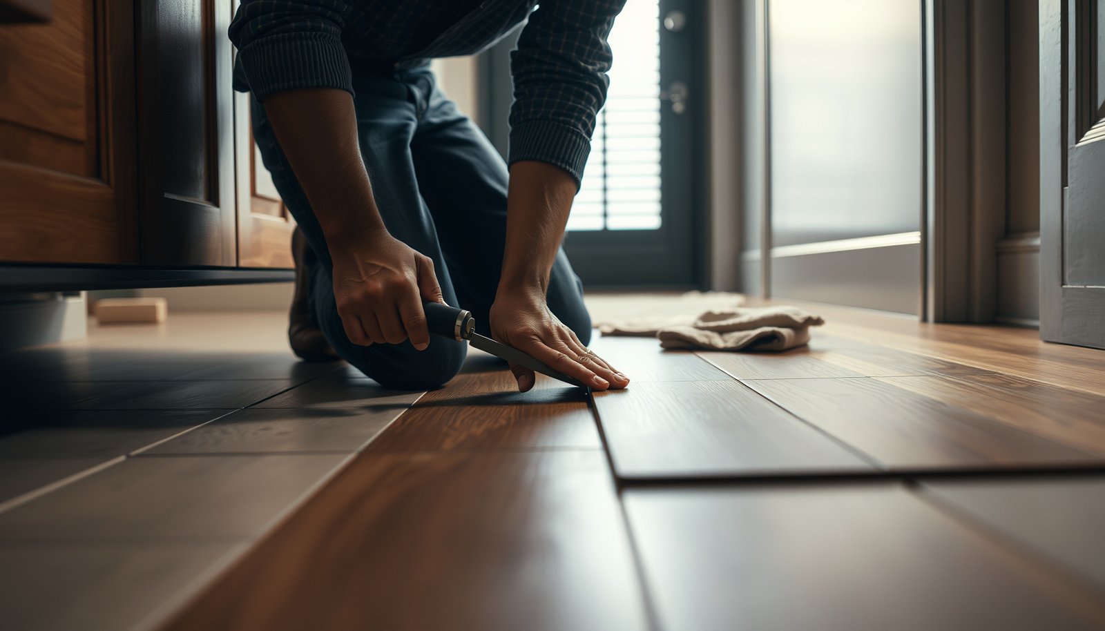 Step-by-step guide on repairing engineered wood floors in a bathroom.