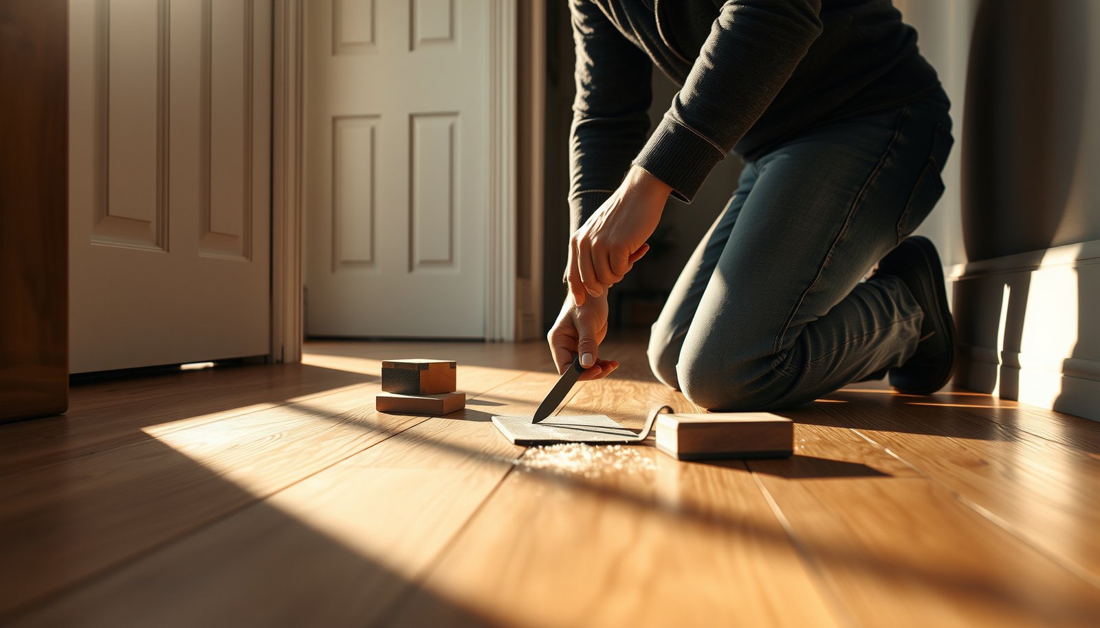 A person repairing engineered wood floors in a hallway, showcasing tools and techniques for maintenance.