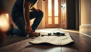 Steps to repair engineered wood floors in an entryway with tools and materials.
