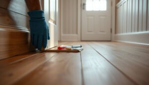 A step-by-step guide on how to repair engineered wood floors in a mudroom.