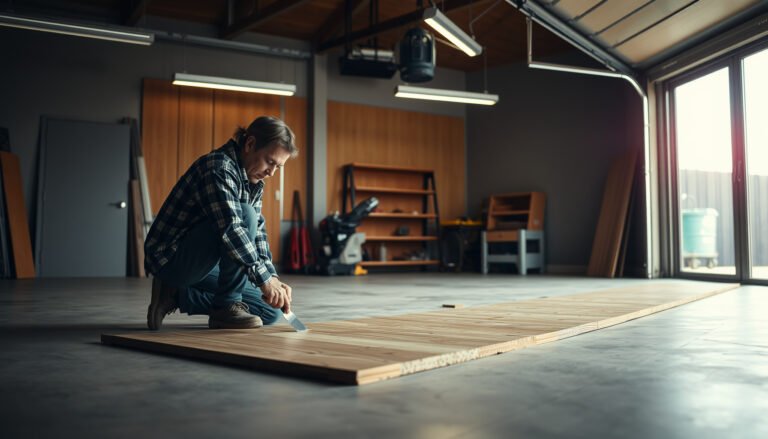 Step-by-step guide on repairing engineered wood floors in a garage setting.