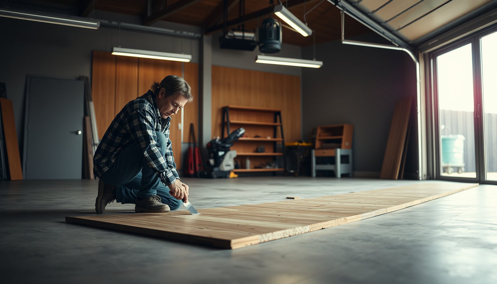 Step-by-step guide on repairing engineered wood floors in a garage setting.