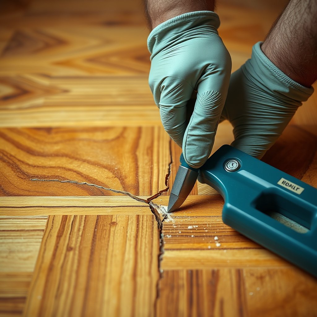 Applying wood filler to repair hairline cracks in parquet flooring