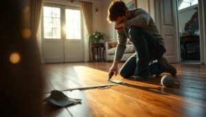 Step-by-step guide on how to repair hardwood floors in a living room with tools and materials.