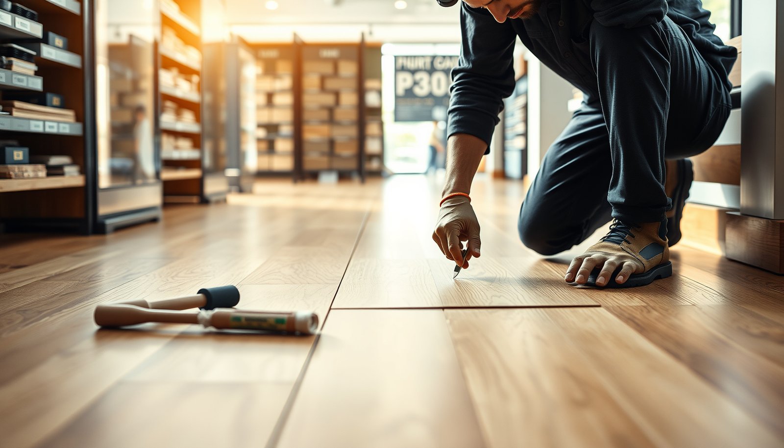 Step-by-step process for repairing hardwood floors in a retail store setting.