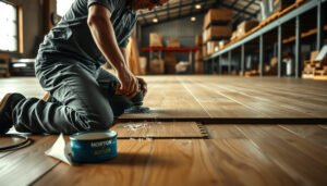 Step-by-step guide on how to repair hardwood floors in a warehouse setting.