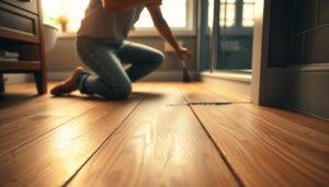 Step-by-step guide to repairing hardwood floors in a bathroom with tools and materials.