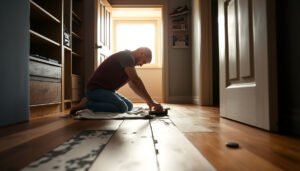 Step-by-step guide to repairing hardwood floors in a closet, showcasing tools and techniques.