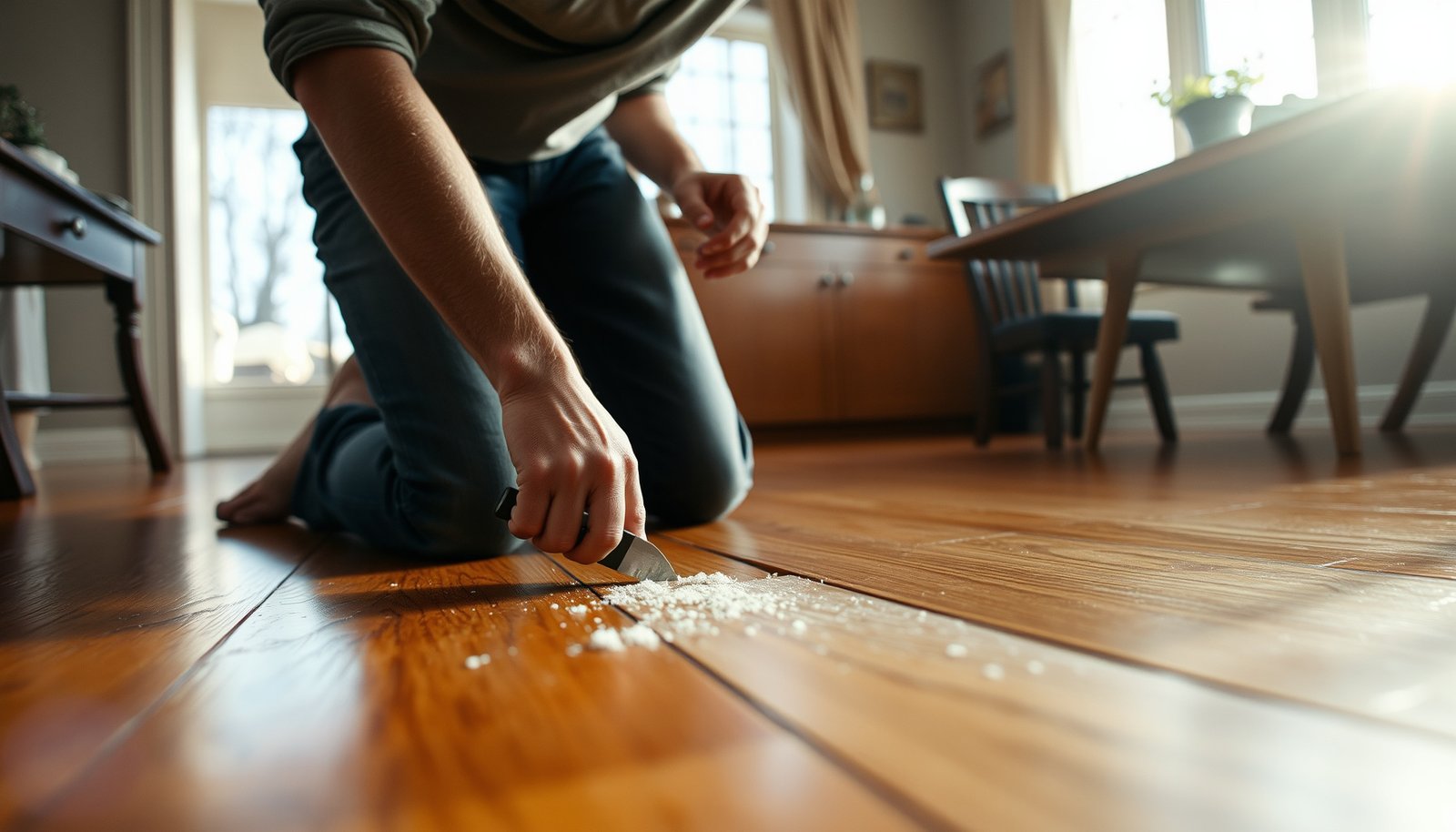 Step-by-step guide on repairing hardwood floors in a dining room with tools and materials.
