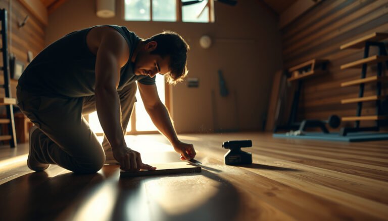 A person repairing hardwood floors in a home gym with tools and materials.